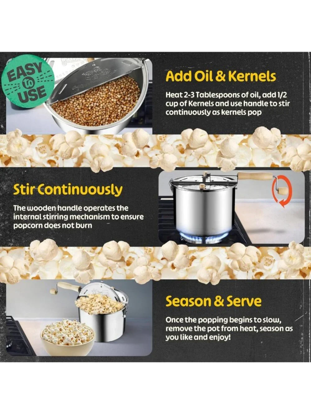 Stainless Steel Stovetop Popcorn Maker - 6.5 Quart, Hand Crank, Vented Lid